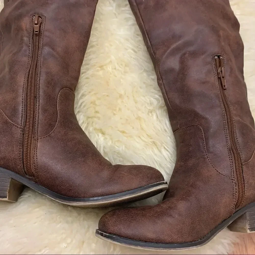 Knee high vegan leather distressed look boots
